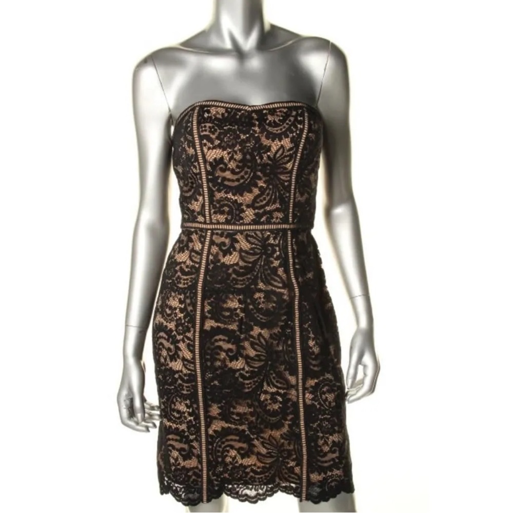 Aidan Mattox Strapless Black Nude Illusion Lace Dress Size 8